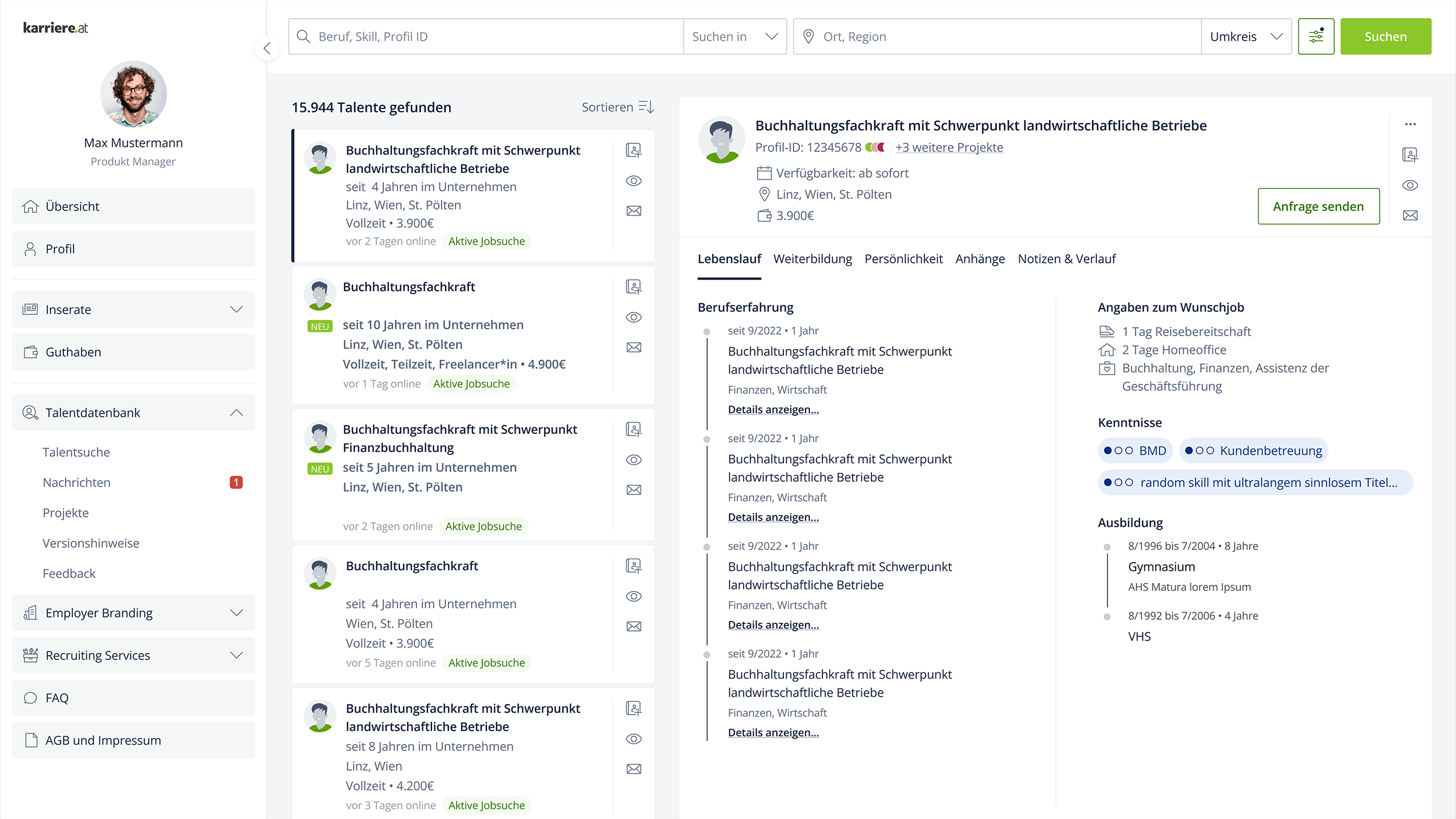 Überblick über das Active-Sourcing-Produkt. Links sind mehrere Talente als Muster dargestellt, rechts das Profil eines Talents im Berufsfeld "Buchhaltungsfachkraft mit Schwerpunkt landwirtschaftliche Betriebe". Das Profil enthält Infos zur Verfügbarkeit, bevorzugten Arbeitsorten, Gehaltsvorstellungen sowie den Lebenslauf, Weiterbildung und Anhänge. Unten rechts ist ein "Anfrage senden"-Button.