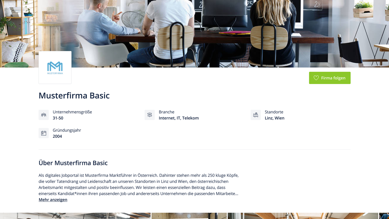 Arbeitgeberprofil Basic mit Headerbild, Fotogalerie und den wichtigsten Daten zum Unternehmen.