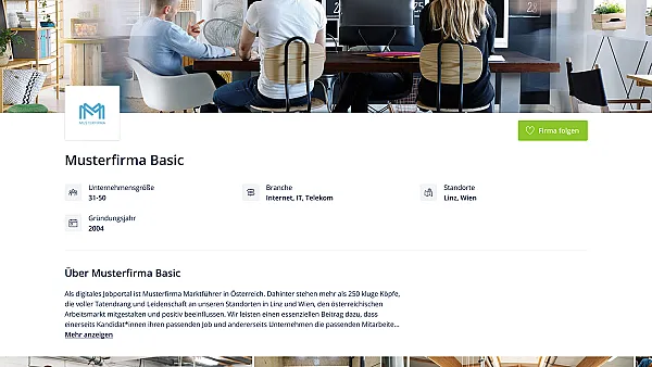 Arbeitgeberprofil Basic mit Headerbild, Fotogalerie und den wichtigsten Daten zum Unternehmen.